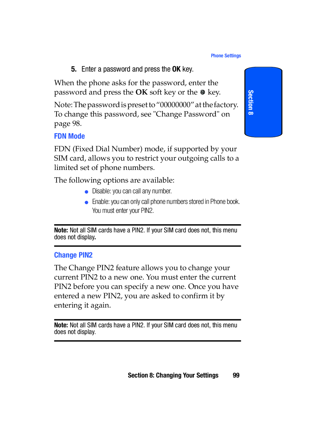 Samsung SGH-x475 manual Enter a password and press the OK key, FDN Mode, Change PIN2 