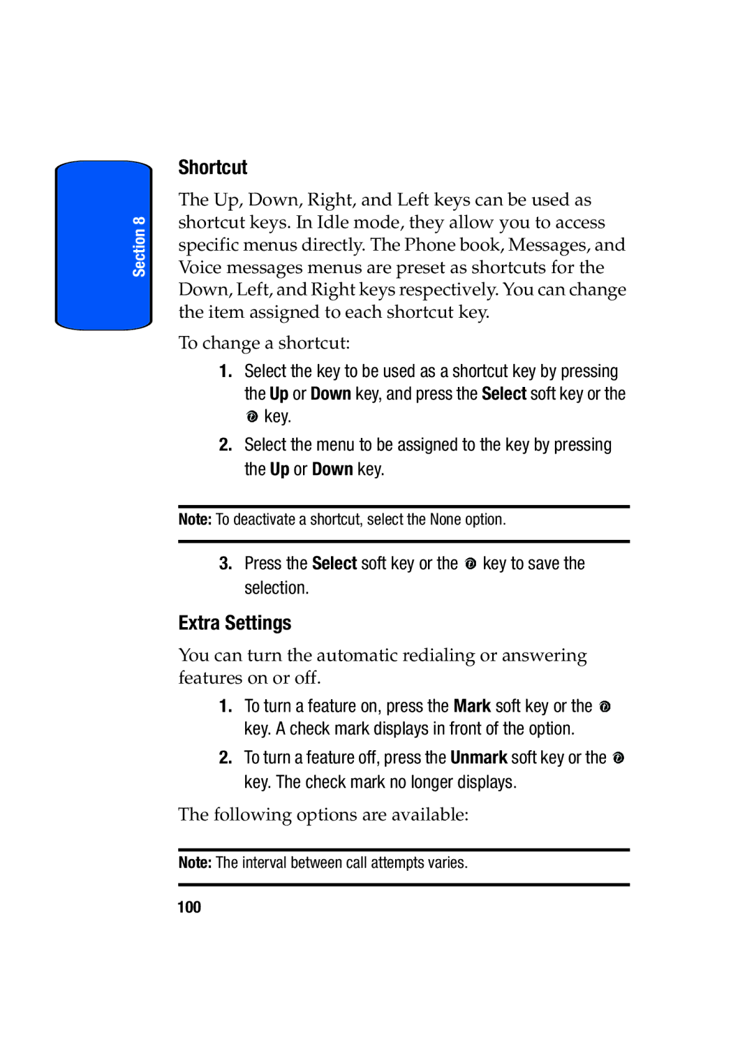 Samsung SGH-x475 manual Shortcut, Extra Settings 