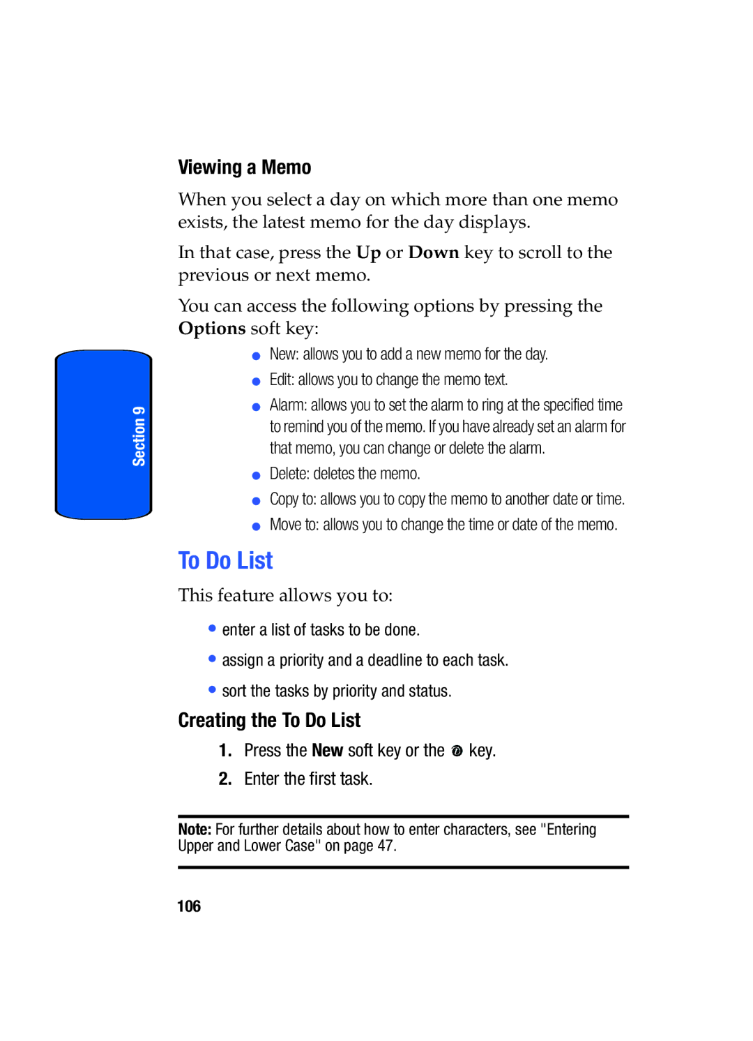 Samsung SGH-x475 manual Viewing a Memo, Creating the To Do List, Press the New soft key or the key Enter the first task 