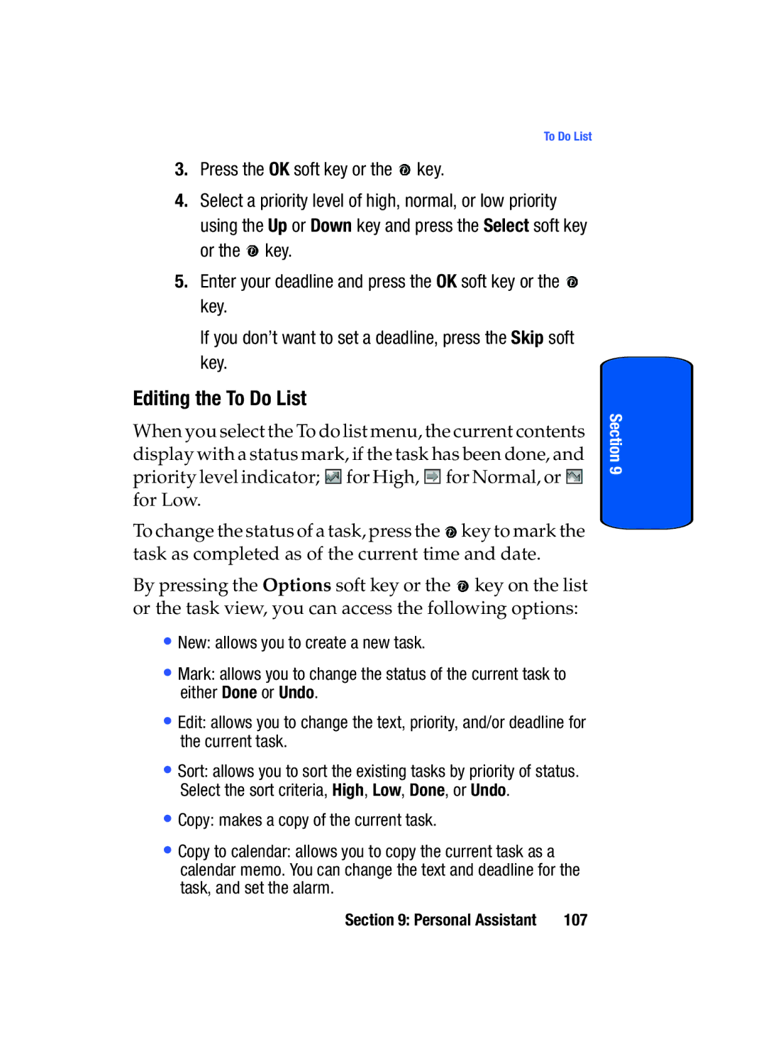 Samsung SGH-x475 manual Editing the To Do List 