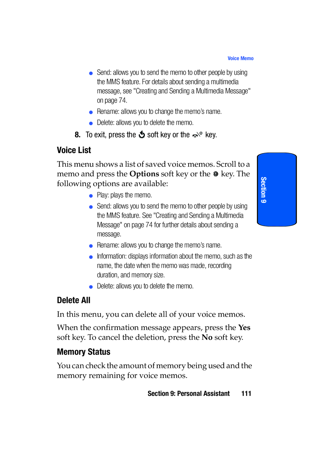 Samsung SGH-x475 manual Voice List, To exit, press the soft key or the key 