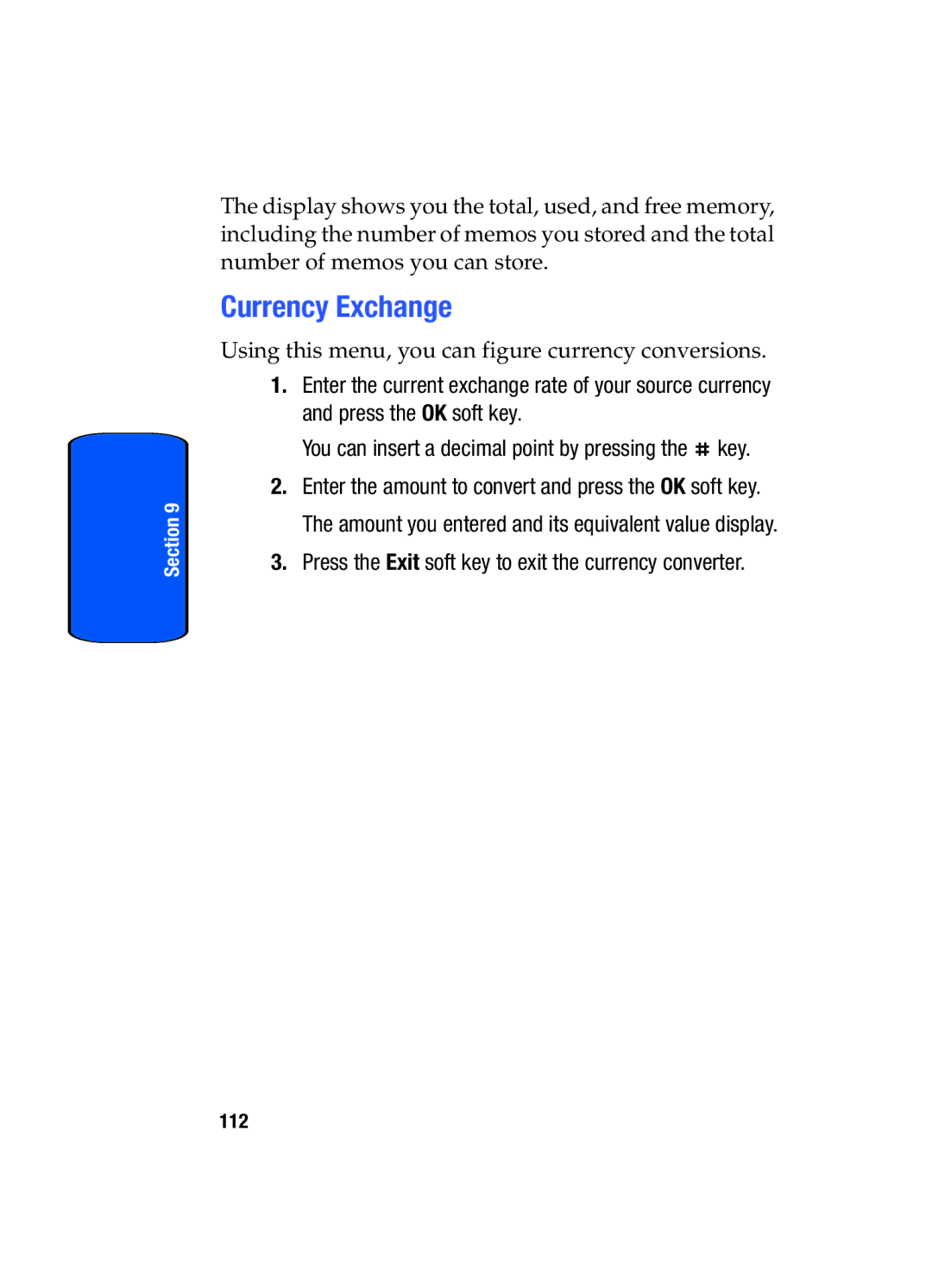 Samsung SGH-x475 manual Currency Exchange, Press the Exit soft key to exit the currency converter 