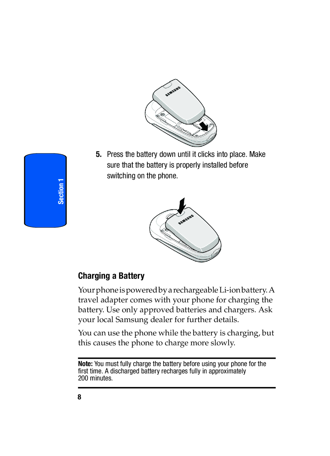 Samsung SGH-x475 manual Charging a Battery 