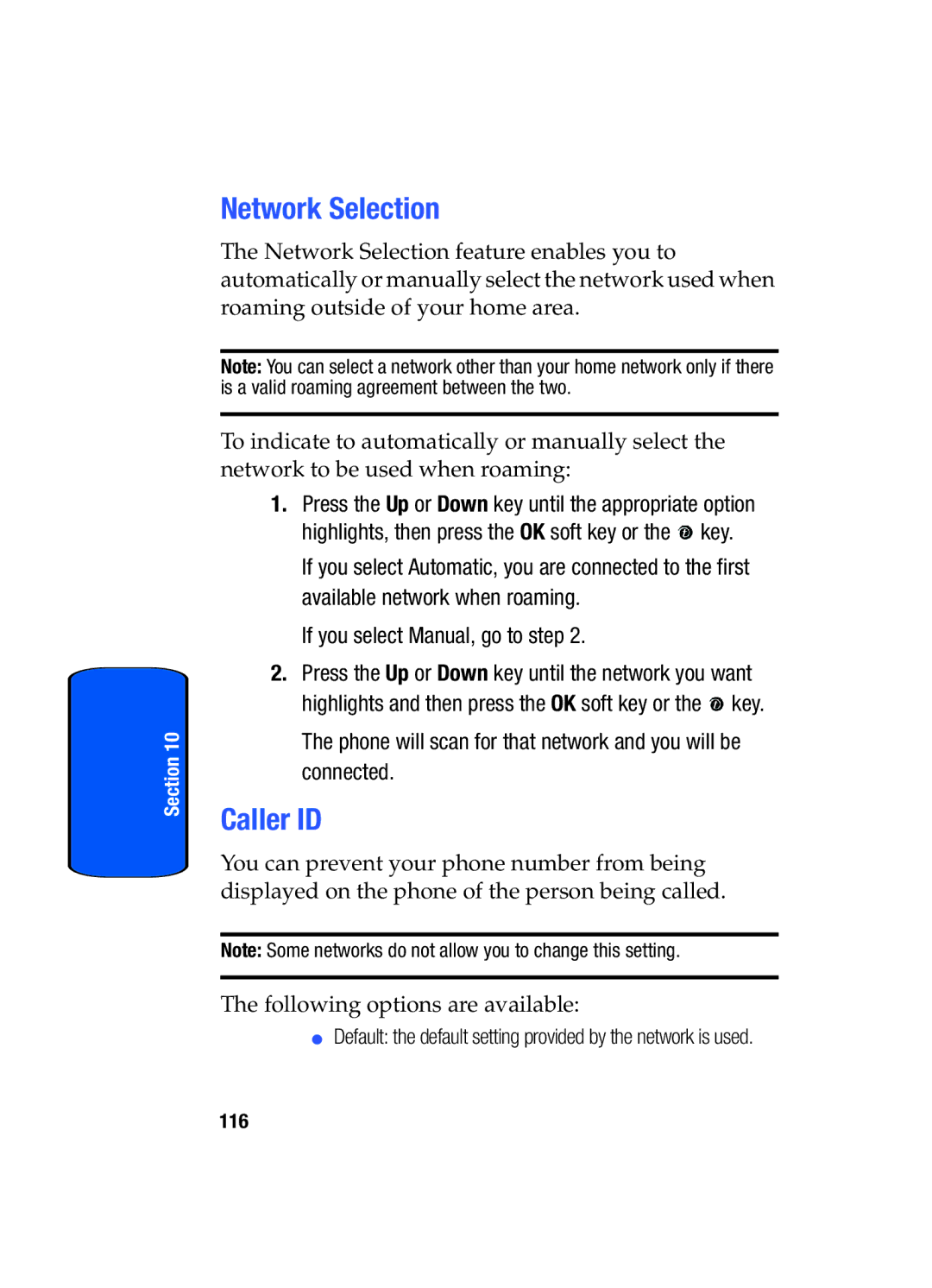 Samsung SGH-x475 manual Network Selection, Caller ID, Phone will scan for that network and you will be connected 