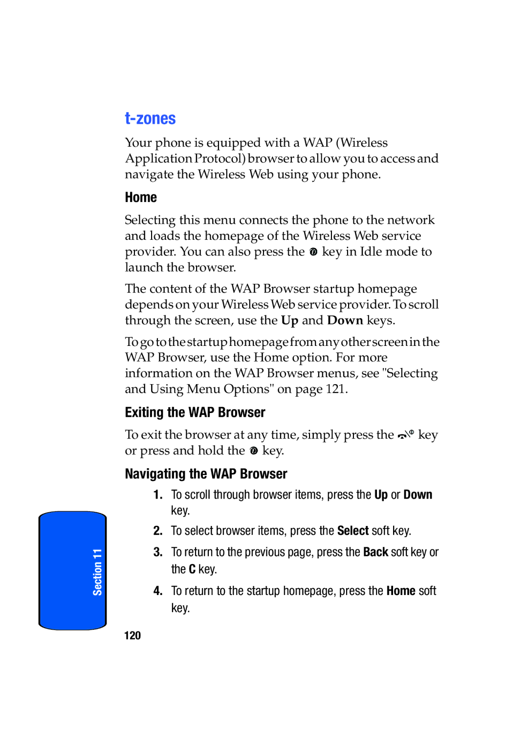 Samsung SGH-x475 manual Zones, Home, Exiting the WAP Browser, Navigating the WAP Browser 