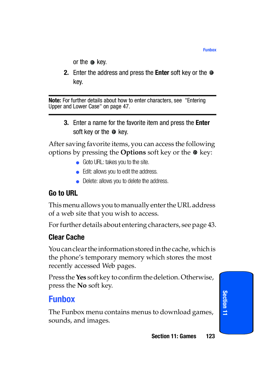 Samsung SGH-x475 manual Funbox, Go to URL, Clear Cache 