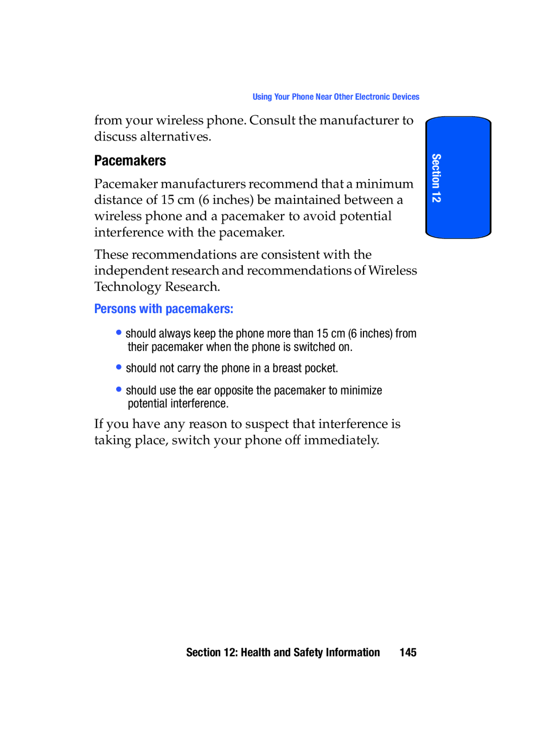 Samsung SGH-x475 manual Pacemakers, Persons with pacemakers 