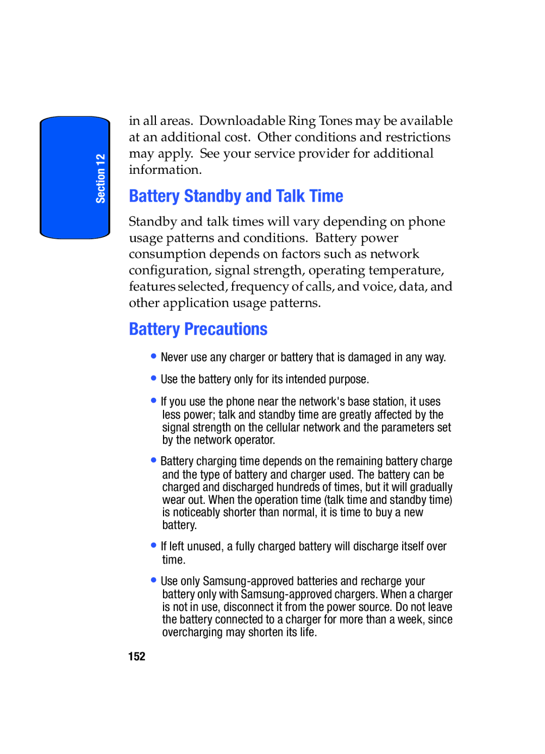 Samsung SGH-x475 manual Battery Standby and Talk Time, Battery Precautions 