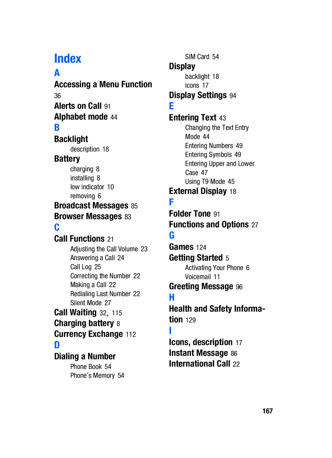 Samsung SGH-x475 manual Index 