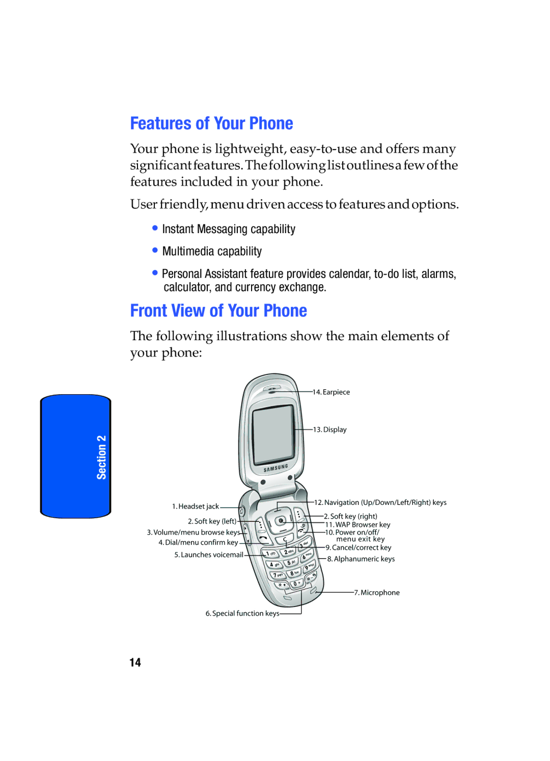 Samsung SGH-x475 manual Features of Your Phone, Front View of Your Phone 