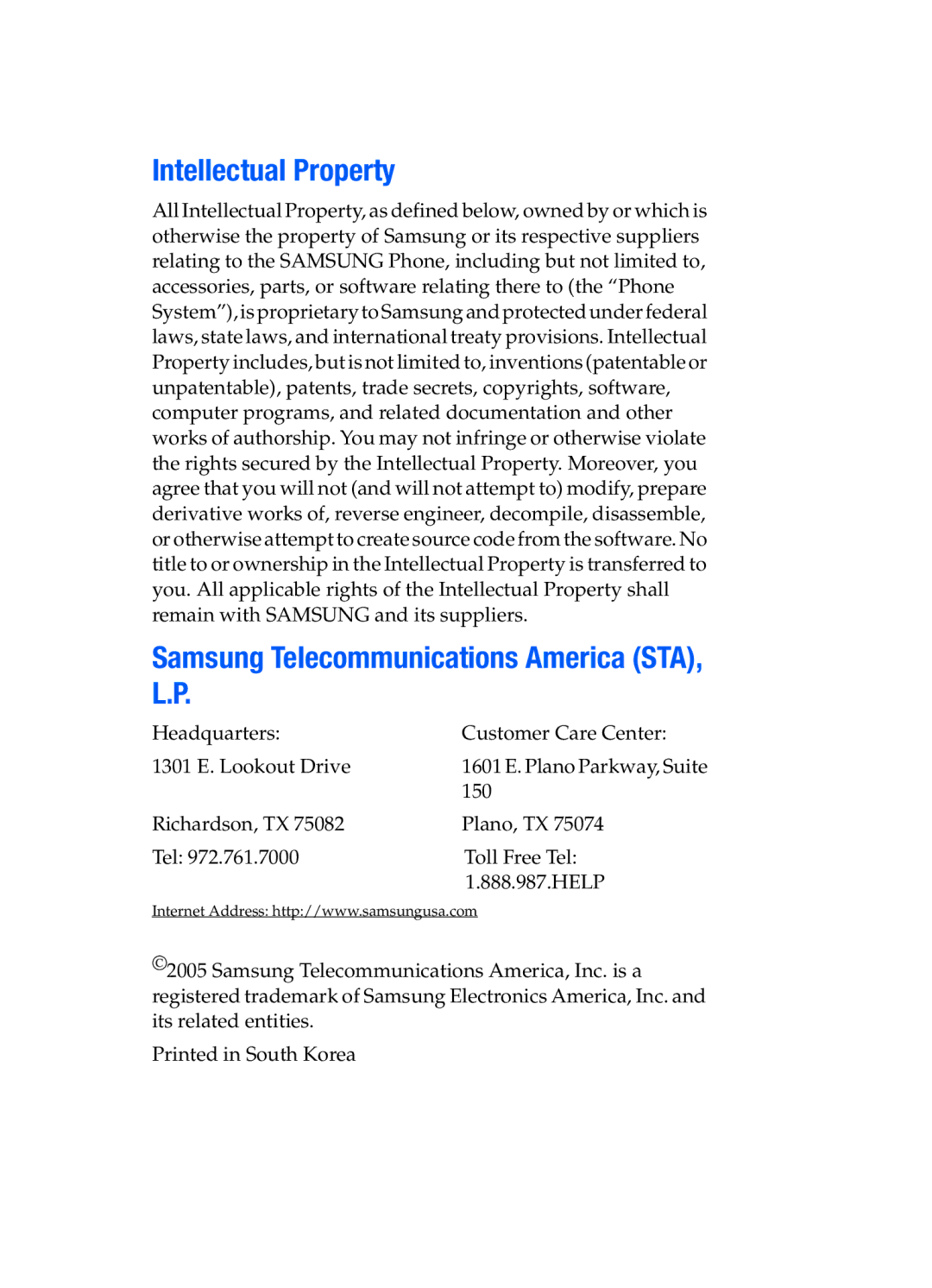 Samsung SGH-x475 manual Intellectual Property, Samsung Telecommunications America STA, L.P 