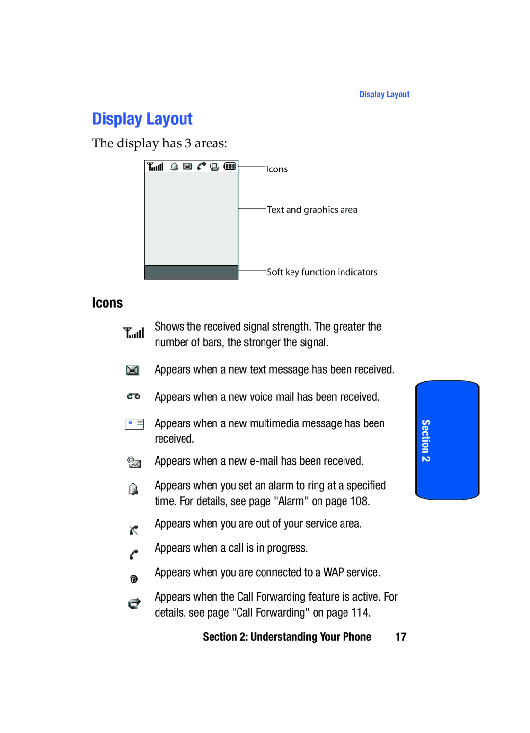 Samsung SGH-x475 manual Display Layout, Icons 