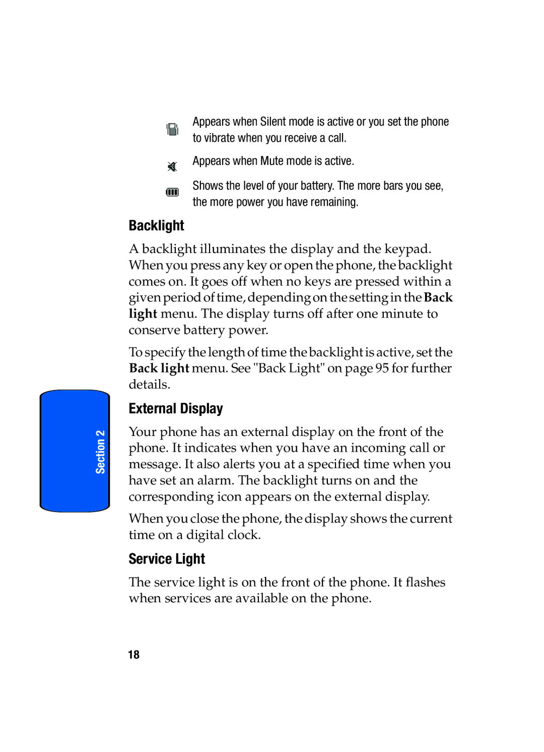 Samsung SGH-x475 manual Backlight, External Display, Service Light 