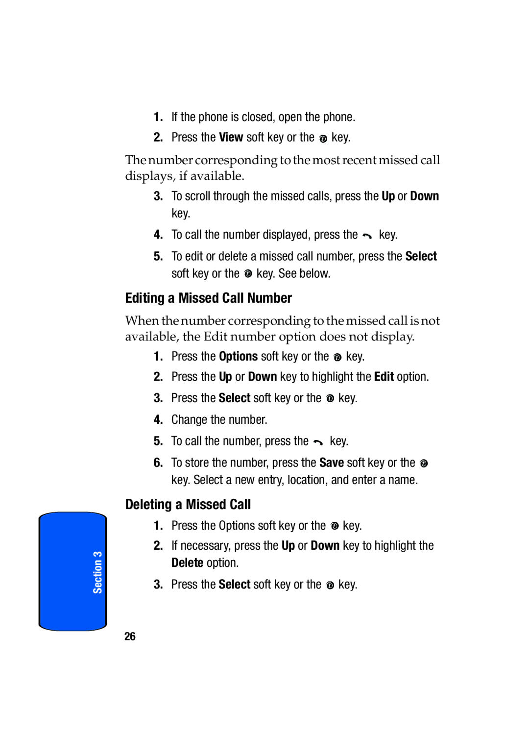 Samsung SGH-x475 manual Editing a Missed Call Number, Deleting a Missed Call 