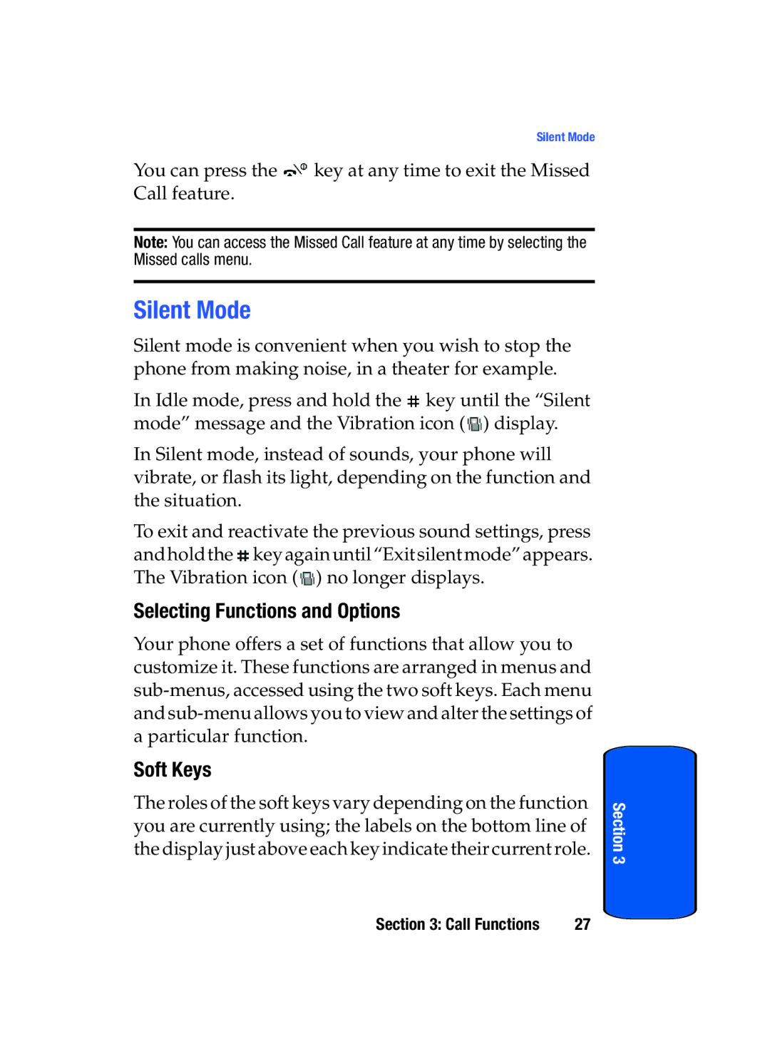 Samsung SGH-x475 manual Silent Mode, Selecting Functions and Options, Soft Keys 