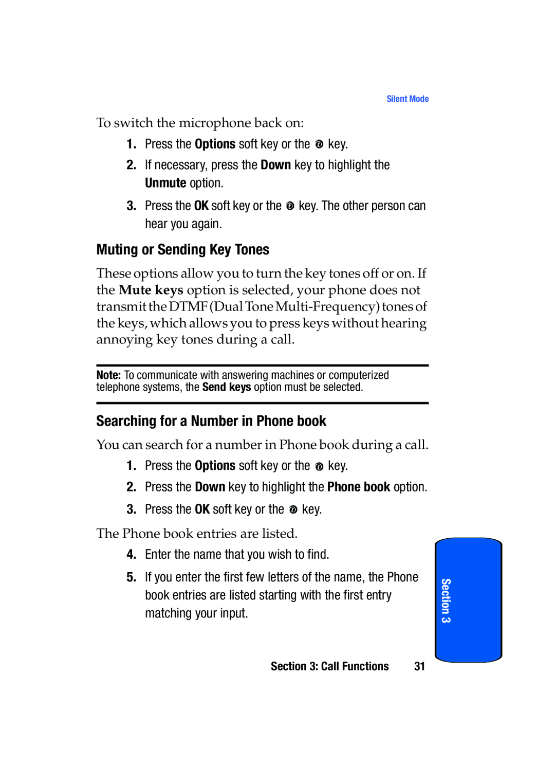 Samsung SGH-x475 Muting or Sending Key Tones, Searching for a Number in Phone book, Press the Options soft key or the key 