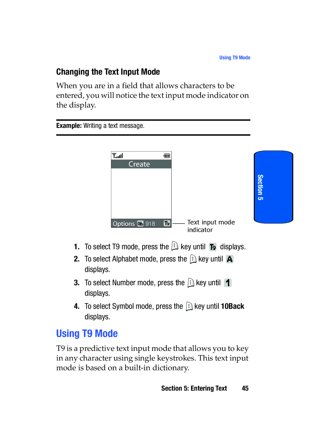 Samsung SGH-x475 manual Using T9 Mode, Changing the Text Input Mode, Key until, Displays 