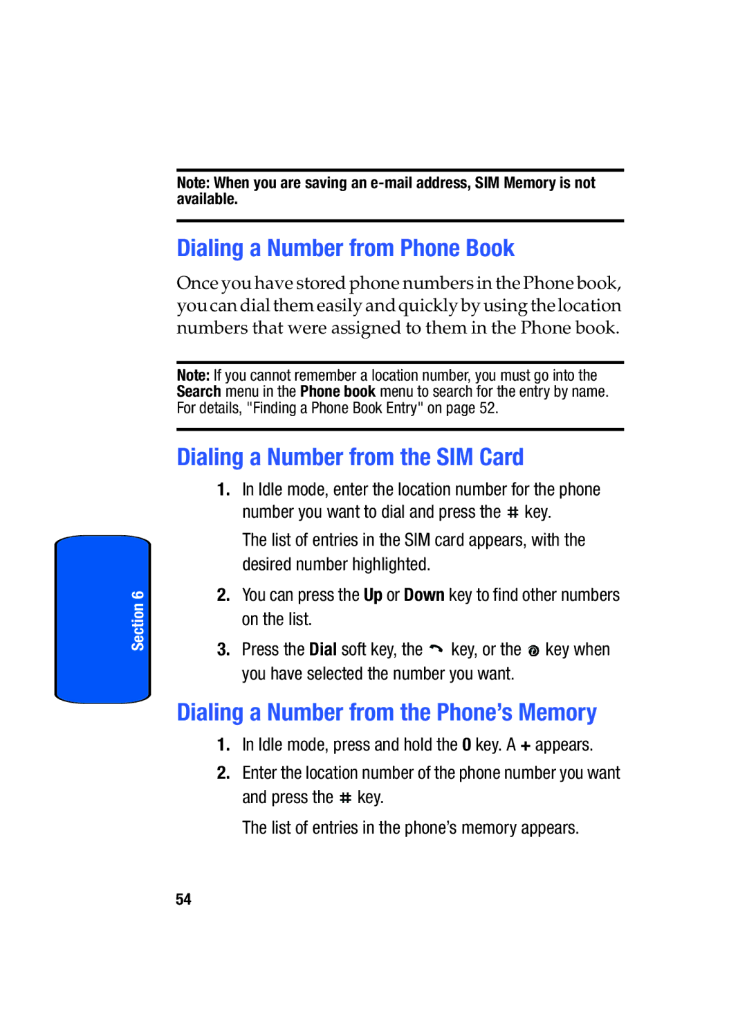 Samsung SGH-x475 manual Dialing a Number from Phone Book, Dialing a Number from the SIM Card 