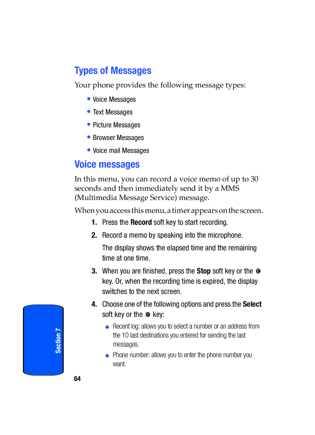 Samsung SGH-x475 manual Types of Messages, Voice messages 