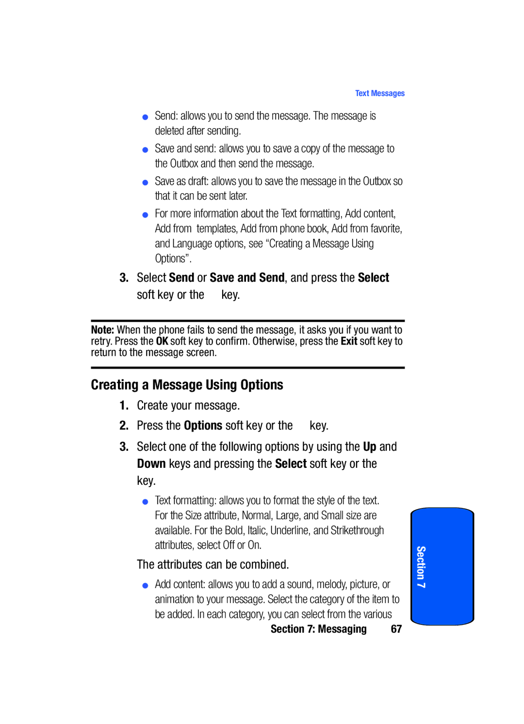 Samsung SGH-x475 manual Creating a Message Using Options, Attributes can be combined 