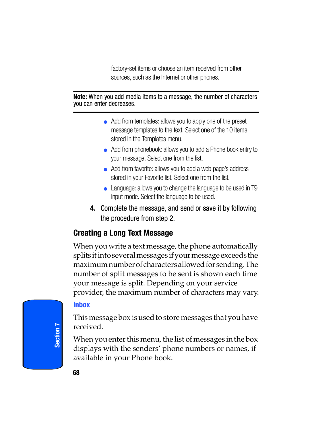 Samsung SGH-x475 manual Creating a Long Text Message, Inbox 