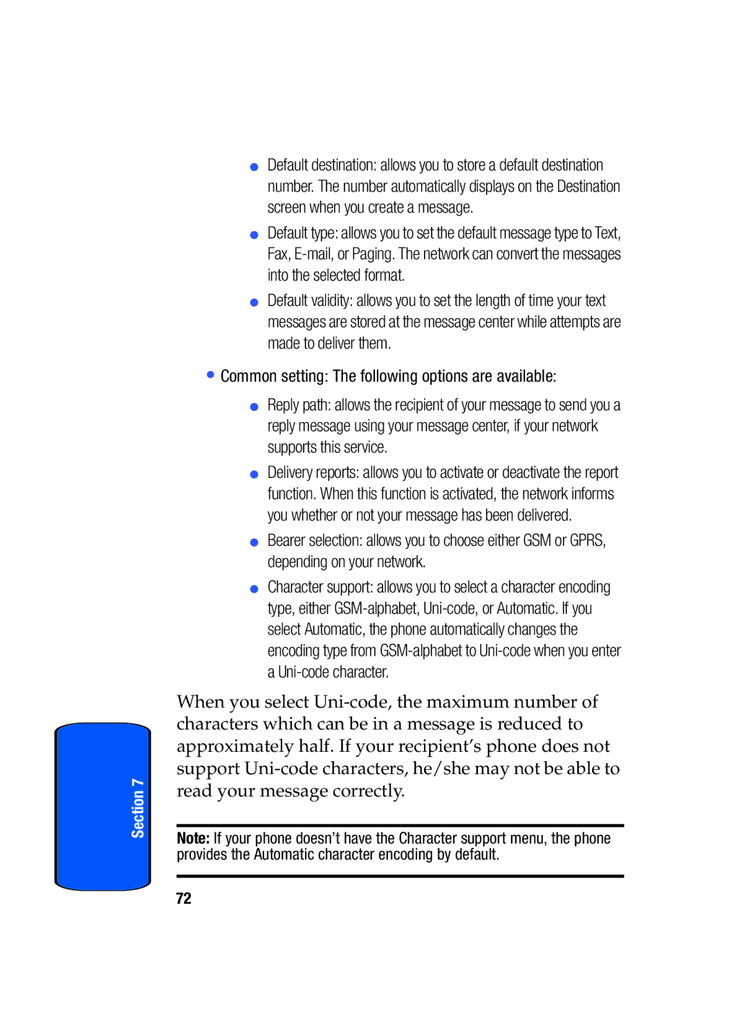 Samsung SGH-x475 manual Common setting The following options are available 