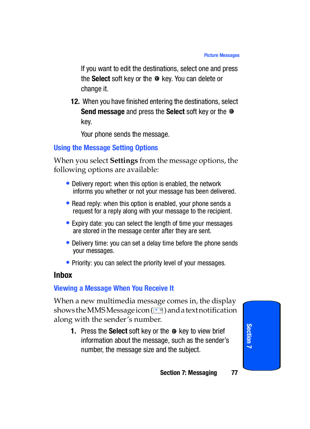 Samsung SGH-x475 manual Inbox, Using the Message Setting Options, Viewing a Message When You Receive It 