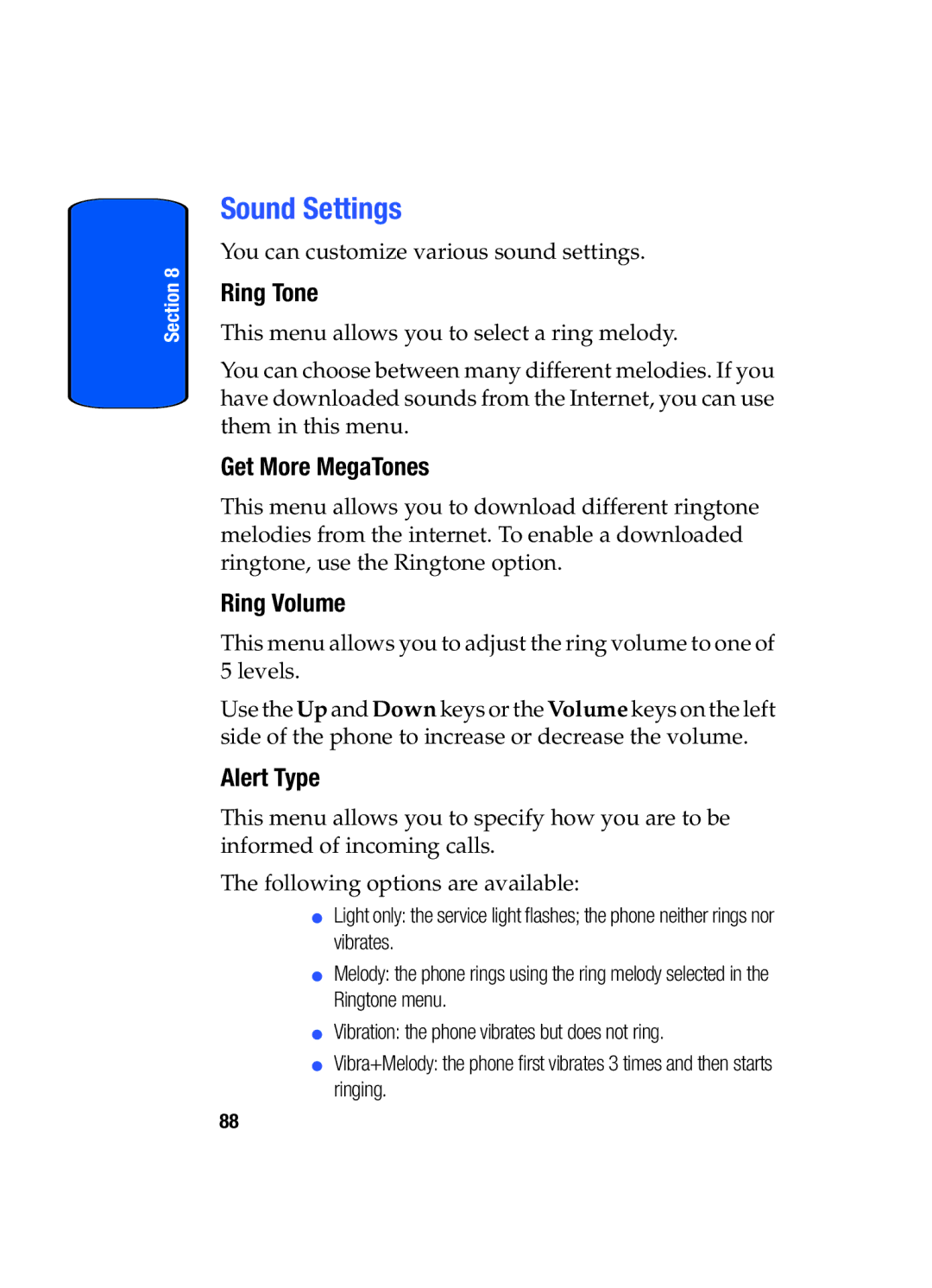 Samsung SGH-x475 manual Sound Settings, Ring Tone, Get More MegaTones, Ring Volume, Alert Type 