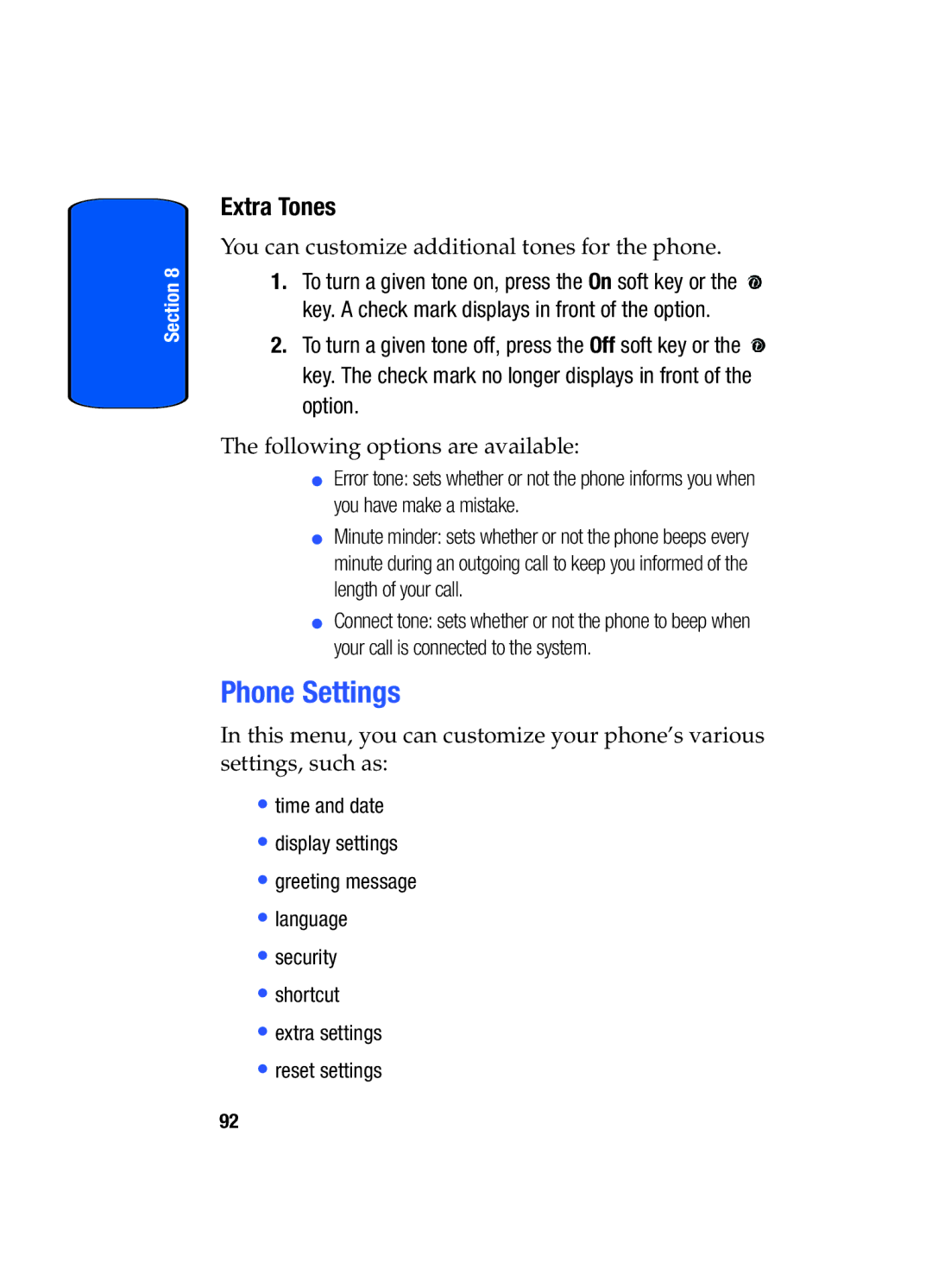 Samsung SGH-x475 manual Phone Settings, Extra Tones 