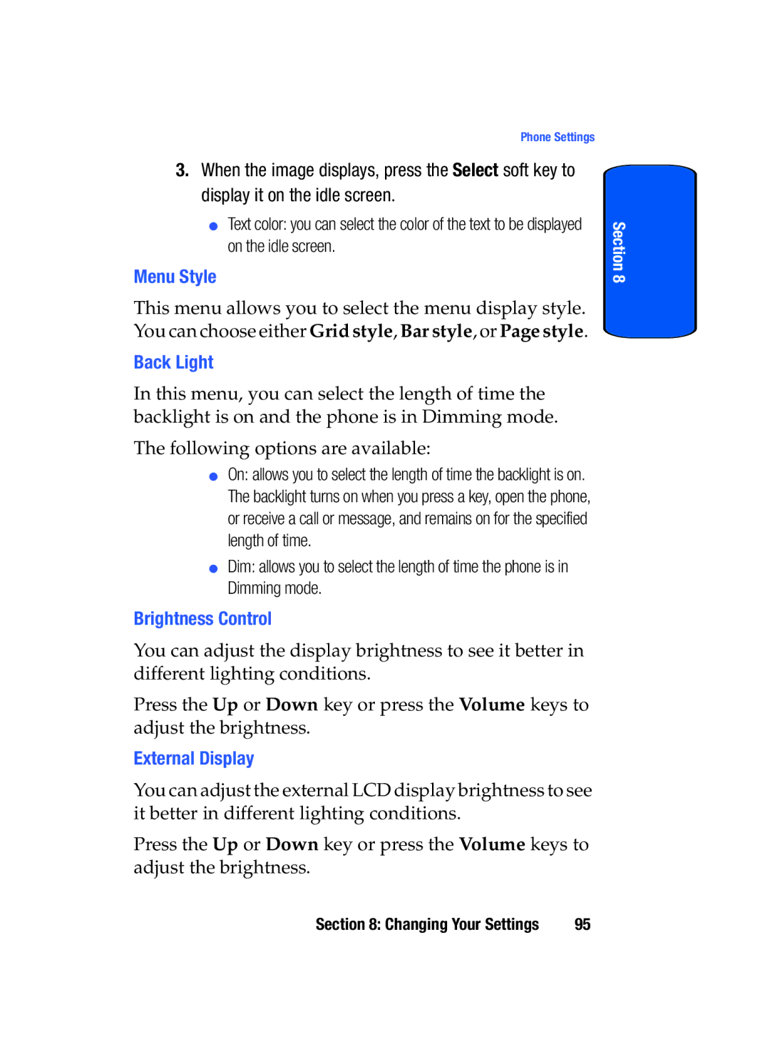 Samsung SGH-x475 manual Menu Style, Back Light, Brightness Control, External Display 