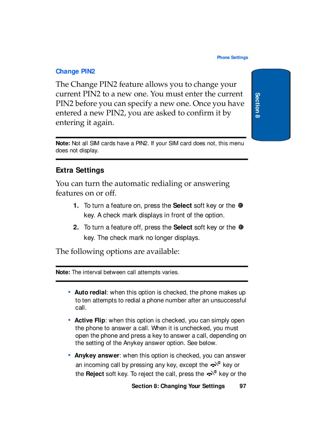 Samsung SGH-x495 Series manual Extra Settings, Change PIN2 