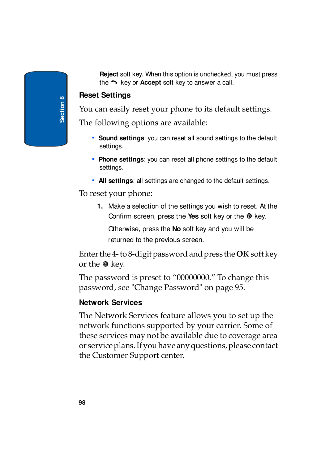 Samsung SGH-x495 Series manual Reset Settings, Network Services 