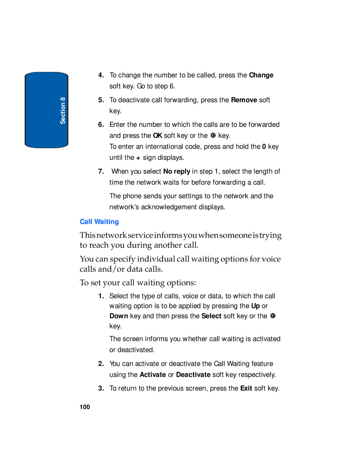 Samsung SGH-x495 Series manual Call Waiting, To return to the previous screen, press the Exit soft key 