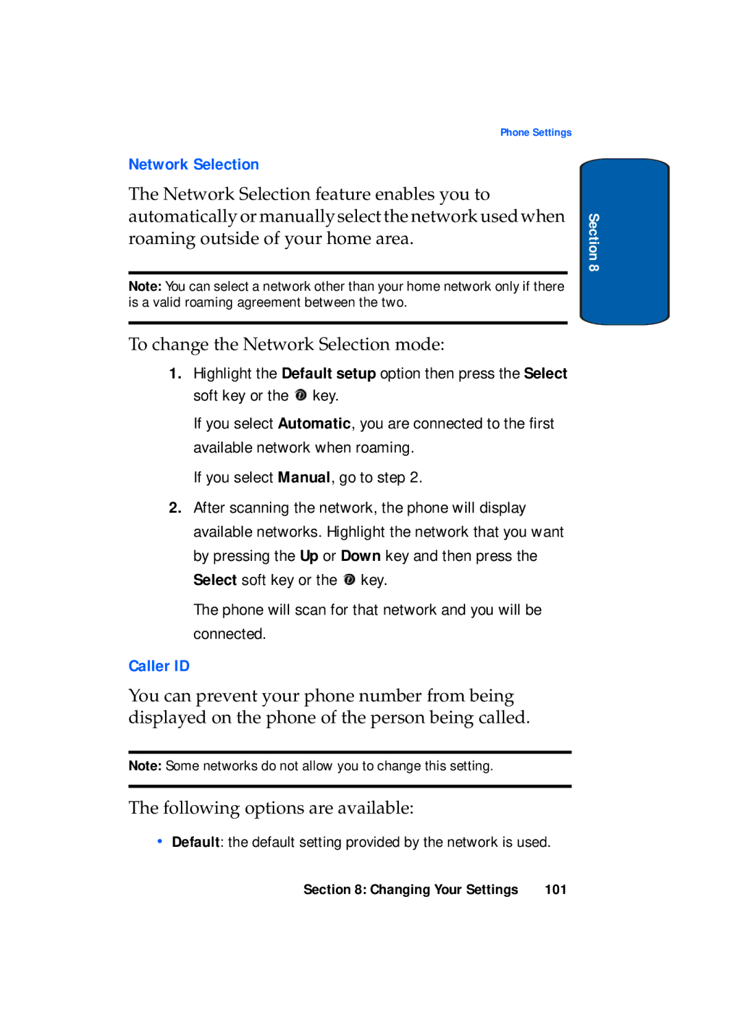 Samsung SGH-x495 Series manual Network Selection, Phone will scan for that network and you will be connected, Caller ID 