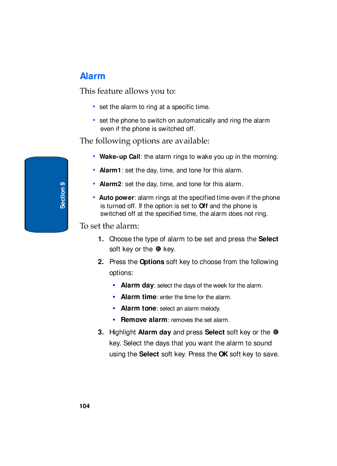 Samsung SGH-x495 Series manual Alarm, This feature allows you to 