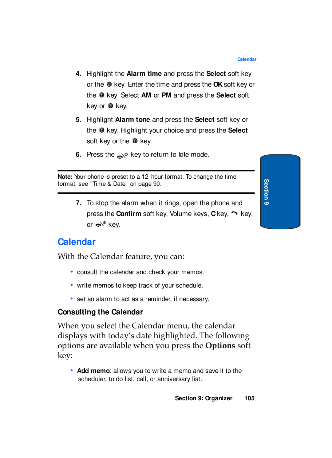 Samsung SGH-x495 Series manual Consulting the Calendar, Or key 