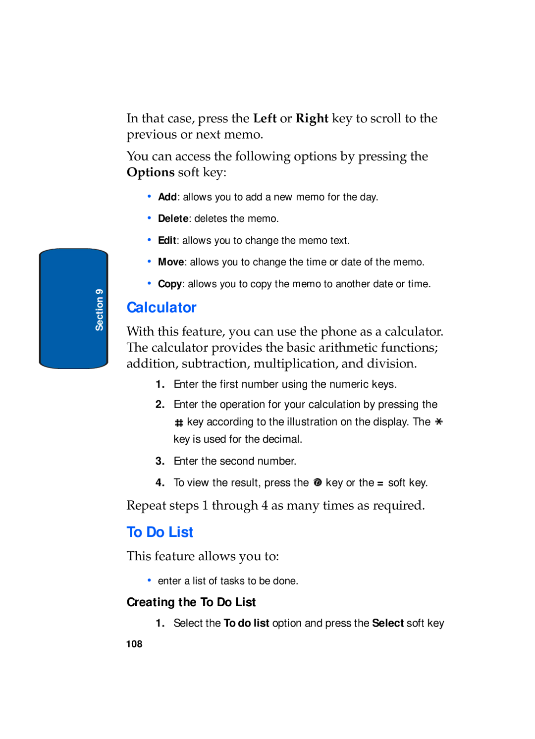 Samsung SGH-x495 Series manual Calculator, Creating the To Do List 