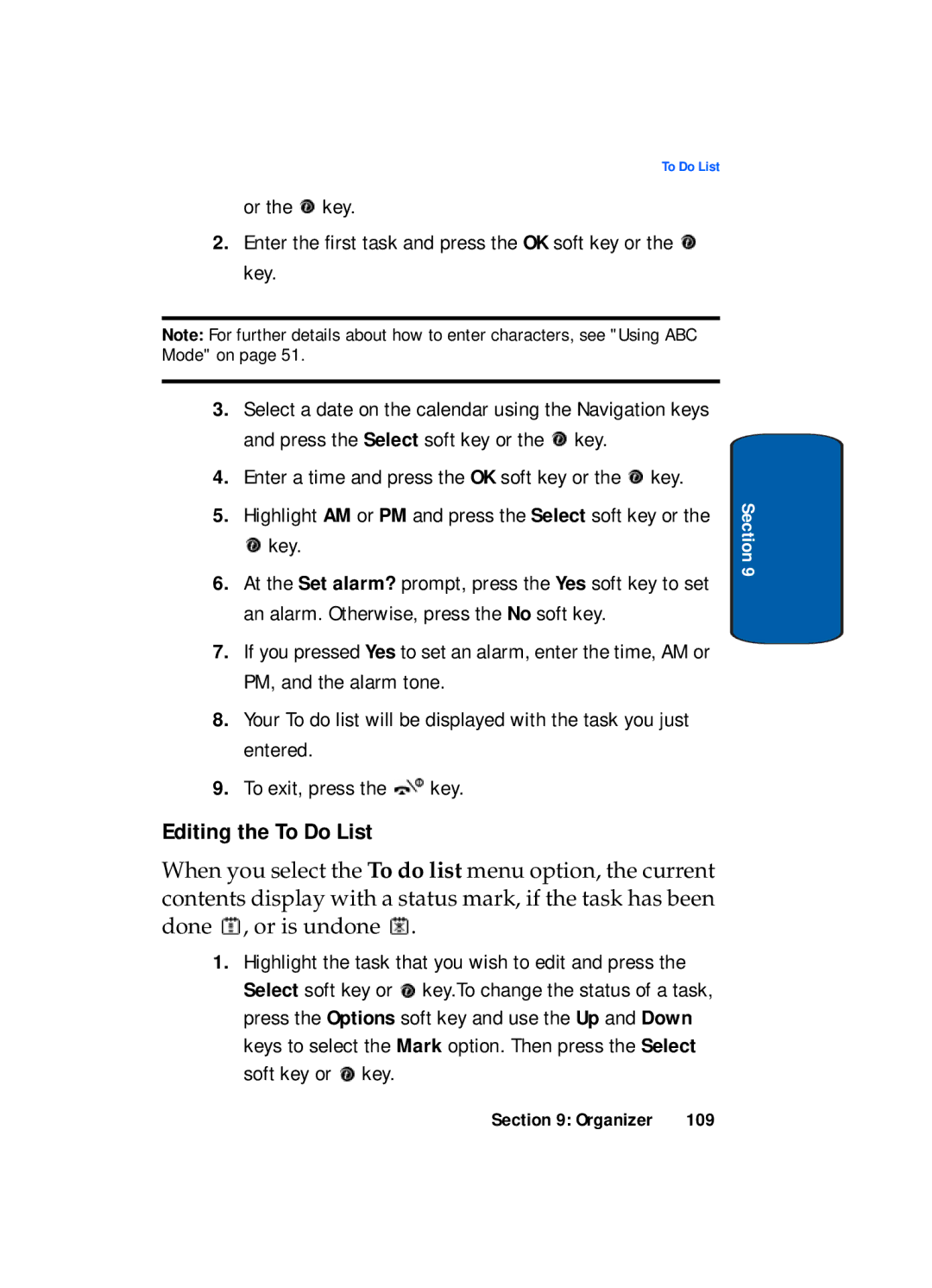 Samsung SGH-x495 Series manual Editing the To Do List, Key 