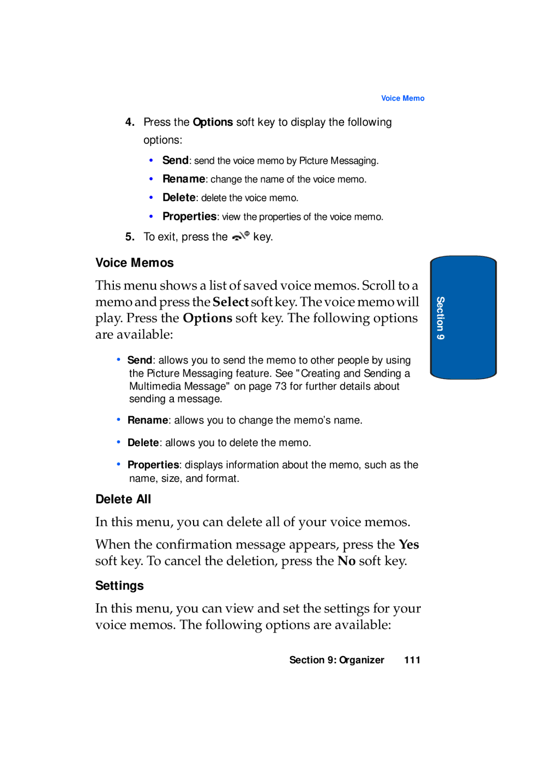 Samsung SGH-x495 Series manual Voice Memos, Press the Options soft key to display the following options 