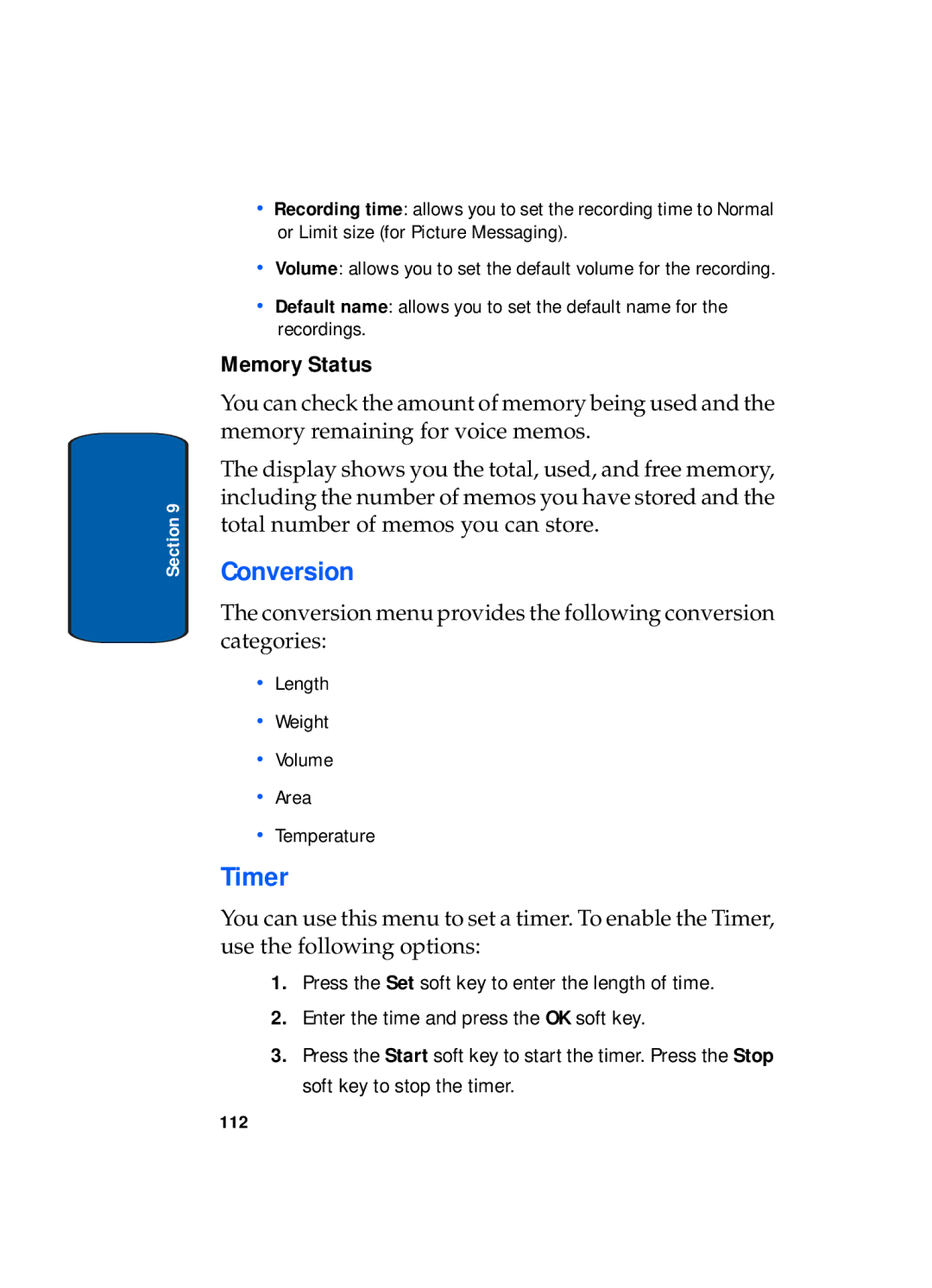 Samsung SGH-x495 Series manual Conversion, Timer, Memory Status 