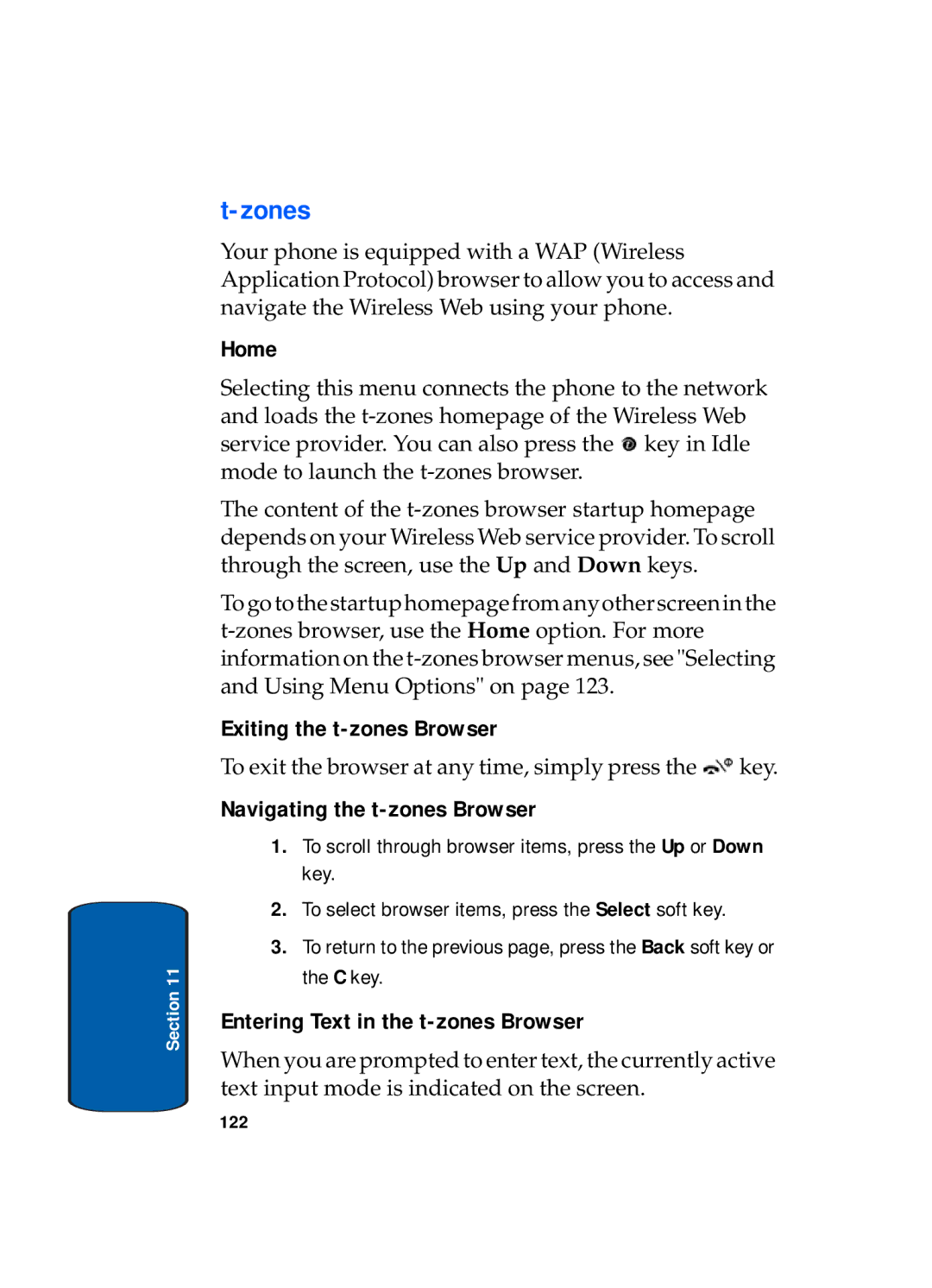 Samsung SGH-x495 Series manual Home, Exiting the t-zones Browser, Navigating the t-zones Browser 