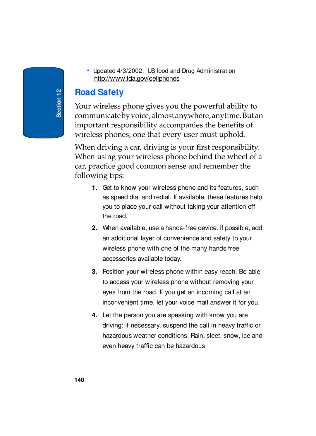 Samsung SGH-x495 Series manual Road Safety, 140 