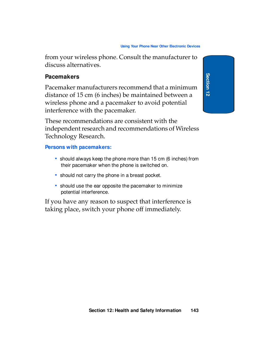 Samsung SGH-x495 Series manual Pacemakers, Persons with pacemakers 