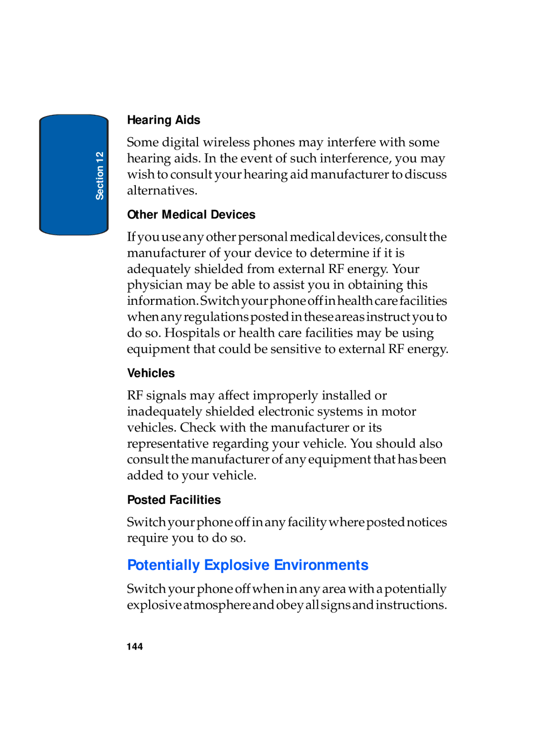 Samsung SGH-x495 Series manual Potentially Explosive Environments, Hearing Aids, Other Medical Devices, Vehicles 