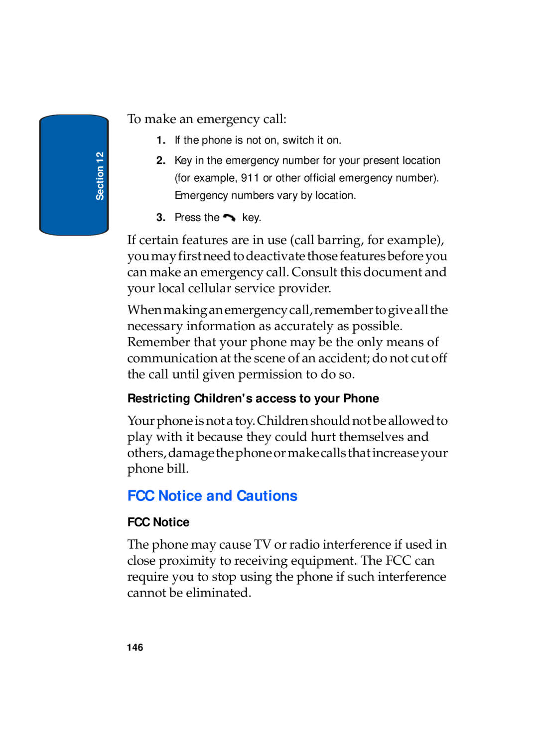 Samsung SGH-x495 Series manual FCC Notice and Cautions, Restricting Childrens access to your Phone 