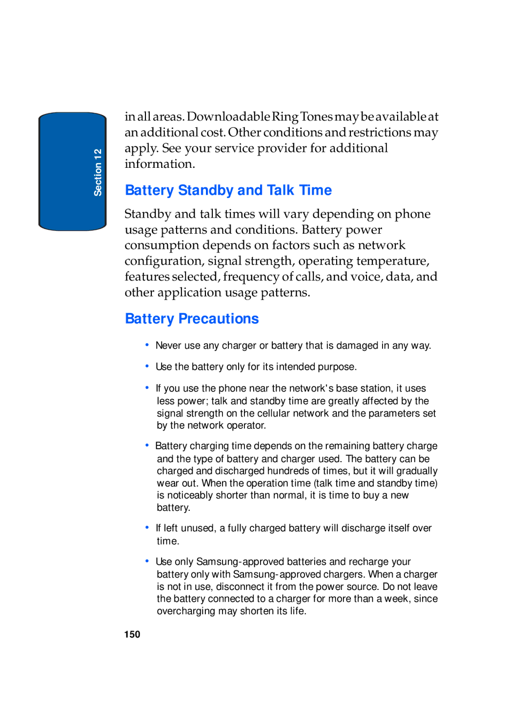 Samsung SGH-x495 Series manual Battery Standby and Talk Time, Battery Precautions 