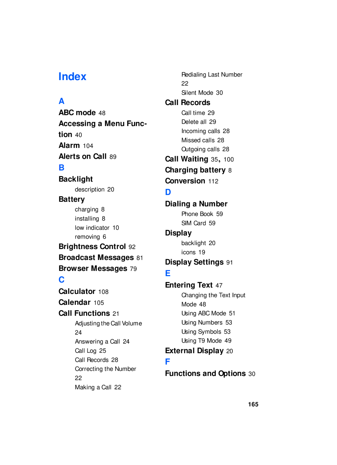 Samsung SGH-x495 Series manual ABC mode Accessing a Menu Func- tion, Battery, Display Settings Entering Text 