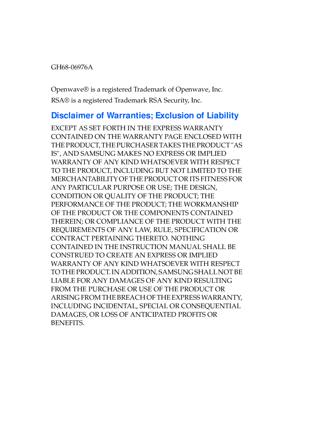 Samsung SGH-x495 Series manual Disclaimer of Warranties Exclusion of Liability 