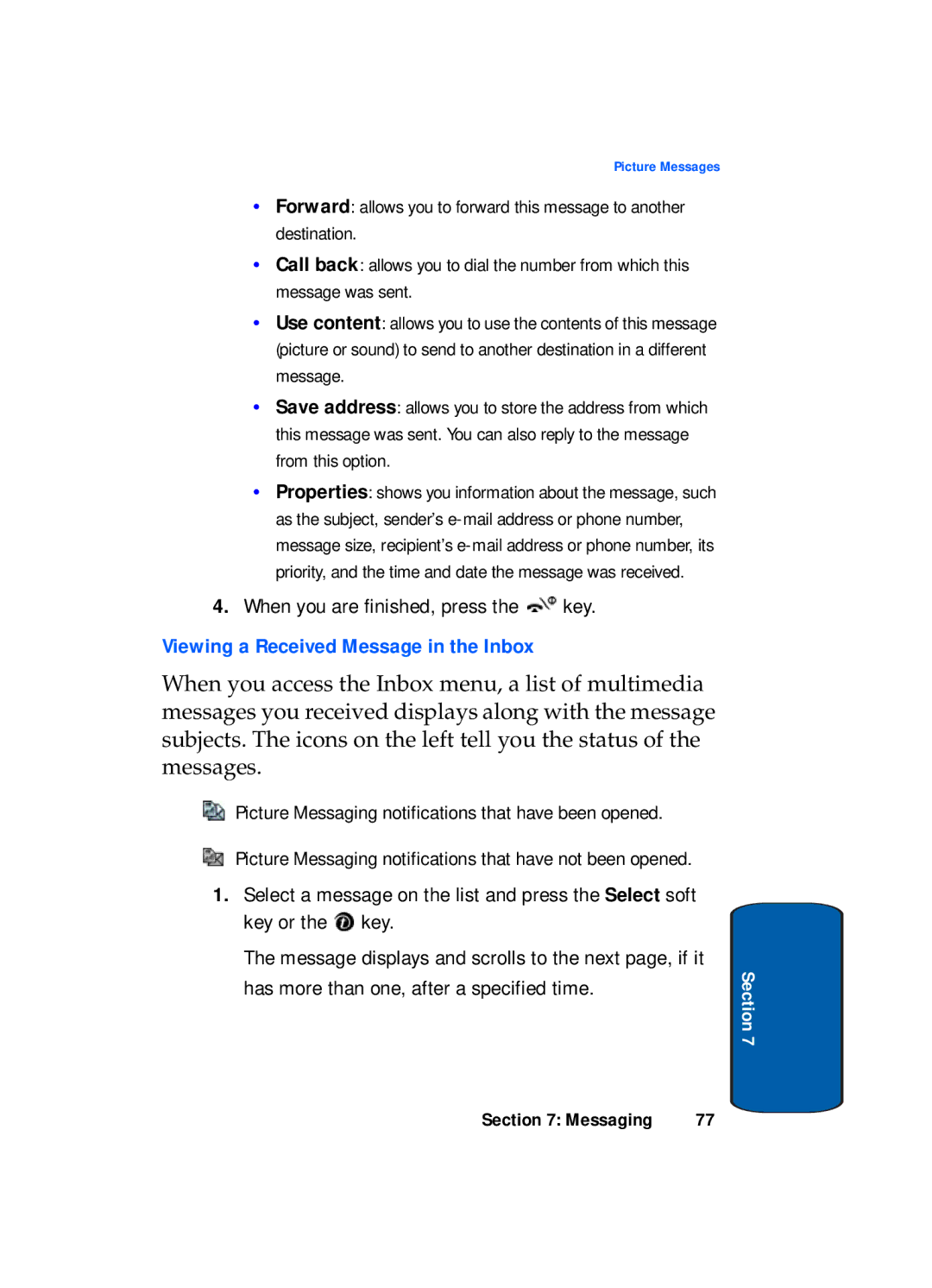 Samsung SGH-x495 Series manual When you are finished, press the key, Viewing a Received Message in the Inbox 