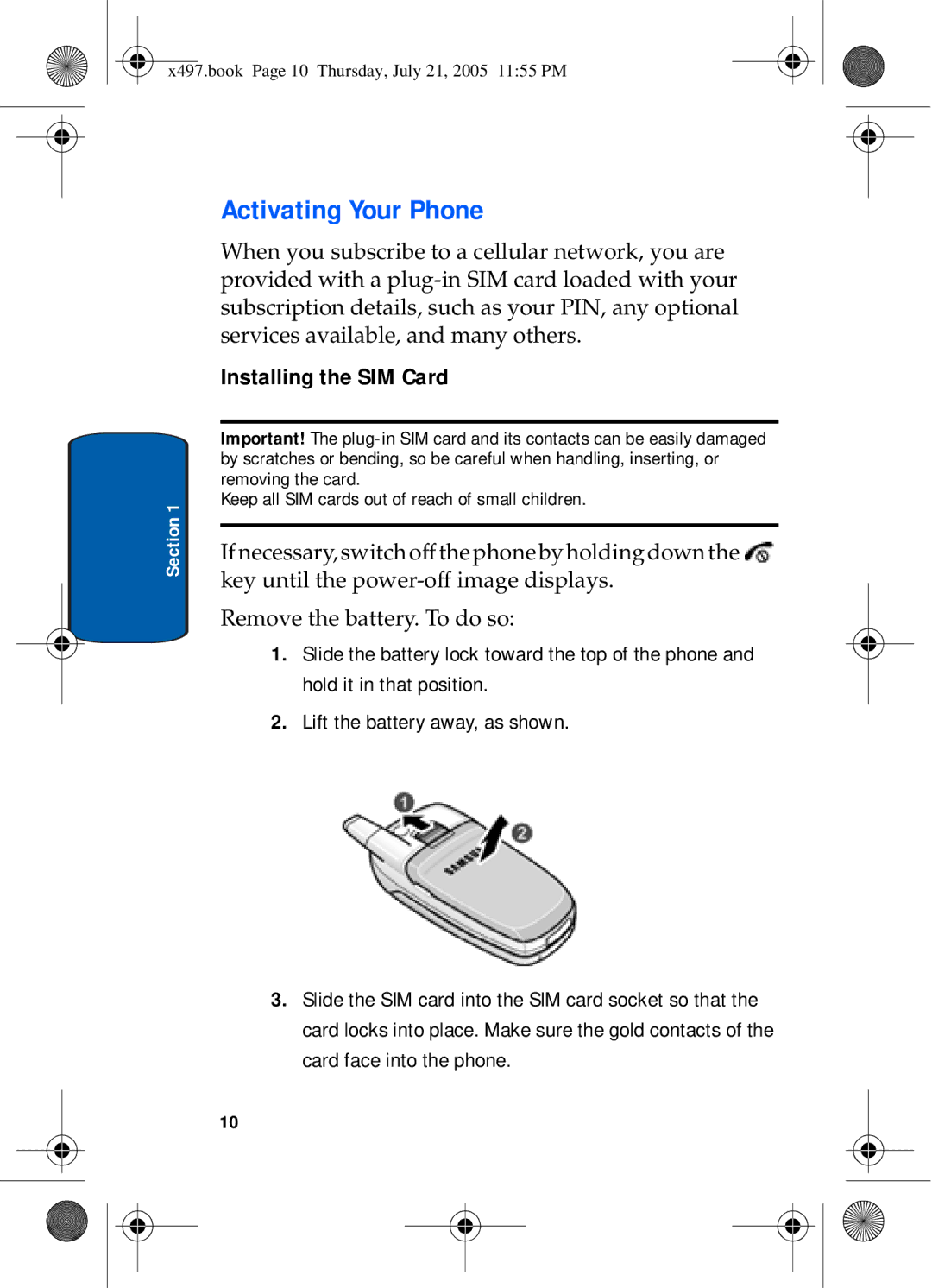 Samsung SGH-x497 manual Activating Your Phone, Installing the SIM Card 